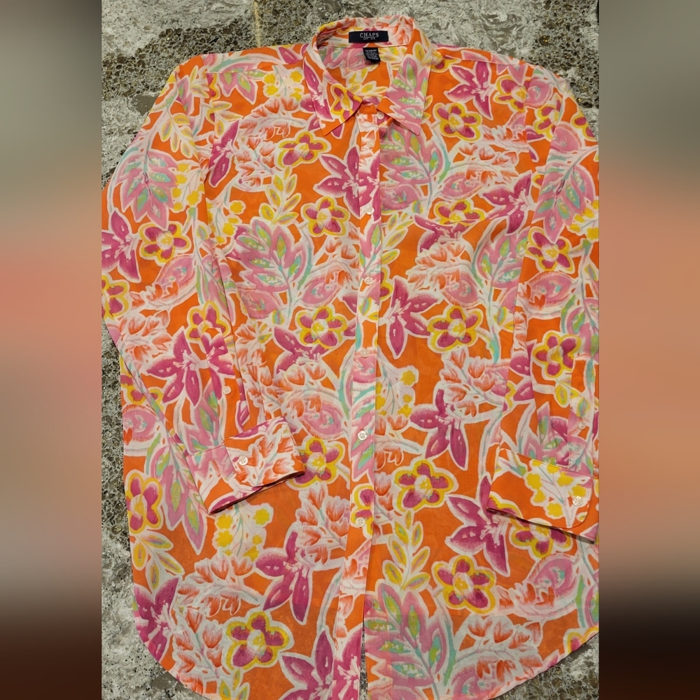 Chaps by Ralph Lauren Georgette Floral Coral Button Blouse Top. Womens Plus 1X